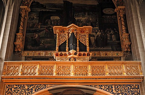 "Kleine" Orgel, "small" organ, built in 1664 by Georg Reichel, in the Marienkirche church or Marktkirche "Unser Lieben Frauen" Church of Our Lady, late Gothic, built 1529-1554, Marktplatz, Halle Saale, Saxony-Anhalt, Germany, Europe