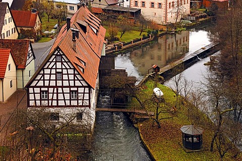 View of an old watermill on the Pegnitz river, Velden an der Pegnitz, Middle Franconia, Bavaria, Germany, Europe