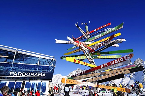 Signpost made of old skis with distances to various cities, Pardorama mountain restaurant, Ischgl ski resort, Tyrol, Austria, Europe