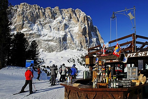 Ski piste at Santa Cristina, Selva, Langkofel mountain, Sella Ronda, Val Gardena, South Tyrol, Italy, Europe