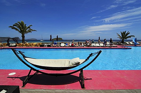 Hammock, pool, Jacaranda Lounge, Es Cana or Es Canar, Punta Arabi, Ibiza, Pine Islands, Balearic Islands, Spain, Europe