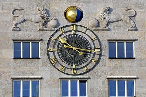 Clock and lion figures, Krochhochhaus high-rise building, Augustusplatz square, Leipzig, Saxony, Germany, Europe