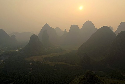 Rocky karst landscape near Yangshuo, aerial, Guilin, Guangxi, China, Asia