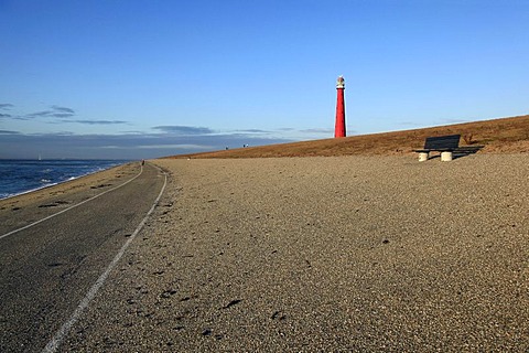 Bench, dike, Lange Jaap Lighthouse, Kijkduin, Den Helder, North Holland province, Netherlands, Netherlands, Europe