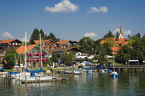 Sailboats in the port of Gstadt, Chiemsee lake, Chiemgau, Upper Bavaria, Bavaria, Germany, Europe