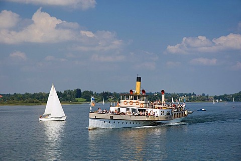 Steamer on Chiemsee lake, Prien, Chiemgau, Upper Bavaria, Bavaria, Germany, Europe