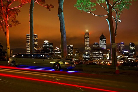 Stretch limousine under illuminated Lemon-scented eucalyptus gum trees in Kings Park at night with Perth skyline, Western Australia, Australia