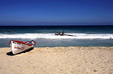 Surf Life Savers boats colliding during a competition at Scarborough Beach, Perth, Western Australia, Australia