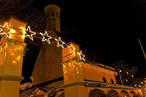 Christmas light decorations at night in Prien, Chiemsee, Chiemgau, Upper Bavaria, Germany, Europe