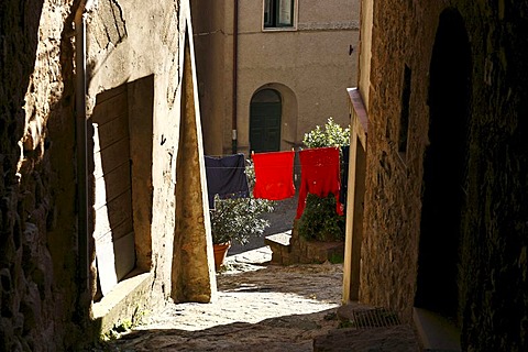 Clothes on Line and Architecture of the Italian Village Roccatederighi Tuscany Italy