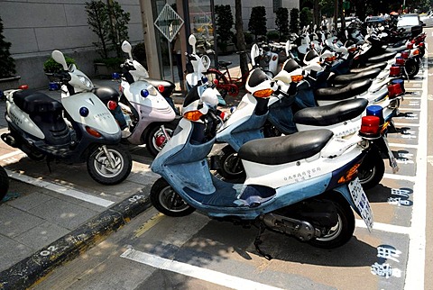 Parked police motorcycle scooters, Taipei, Taiwan, Asia