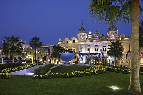 Monte Carlo Casino and Opera House at dusk, architect Charles Garnier, Principality of Monaco, Cote d'Azur, Europe