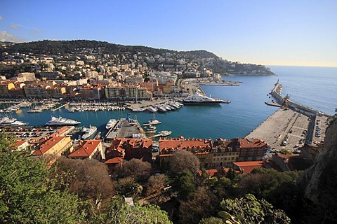 Port, seen from the castle hill, on the right parking space for the ferry to Corsica, Nice, Alpes Maritimes, Region Provence-Alpes-Cote d'Azur, Southern France, France, Europe