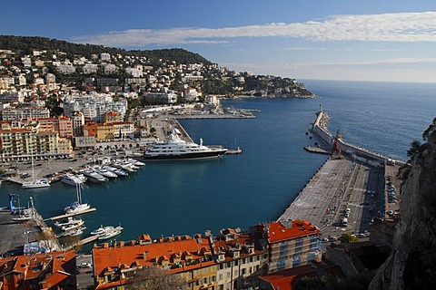 Port, seen from the castle hill, on the right parking space for the ferry to Corsica, in the center the yacht Sarafsa, in the rear Mont Boron, Nice, Alpes Maritimes, Region Provence-Alpes-Cote d'Azur, Southern France, France, Europe