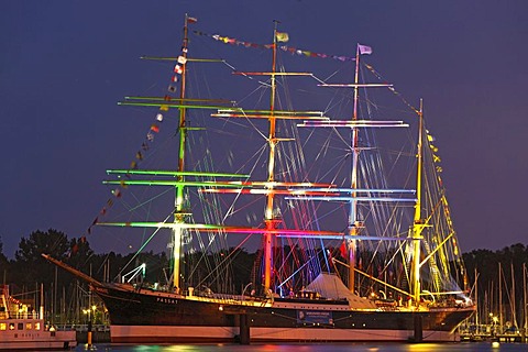 Illuminated four-masted barque Passat, Travemuende Week 2009, Travemuende, Schleswig-Holstein, Germany, Europe