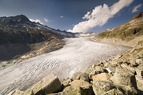 Rhone Glacier in front of Tieralplistock, Dammastock and Galenstock Mountains, Furka Pass, Valais, Switzerland, Europe