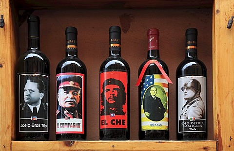 Wine bottles with labels of Mussolini, Stalin, Tito, Trumann, Che Guevara, in the window of a wine shop in Monterosso, Cinque Terre, Liguria, Italy, Europe