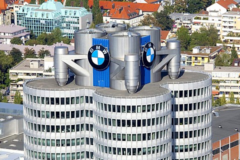 Headquarters of the BMW AG from the Olympic Tower in Munich, Bavaria, Germany, Europe