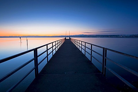 Pier in the morning light on the shore of Lake Constance, Konstanz, Baden-Wuerttemberg, Germany, Europe