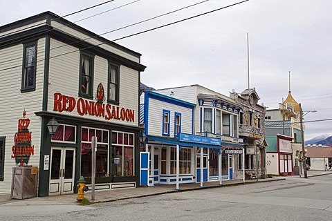 Historic Red Onion bar, saloon, centre, wooden buildings of Skagway, Klondike Gold Rush, Alaska, USA