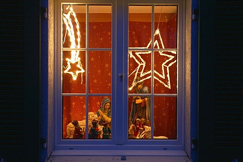 Christmas windows decorated with a nativity scene, Gottlieben, Switzerland, Europe