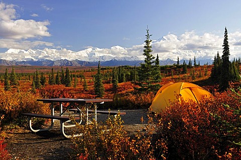 Camping on the Wonderlake Campground, Alaska Range, Mt McKinley in the back, Denali National Park, Alaska