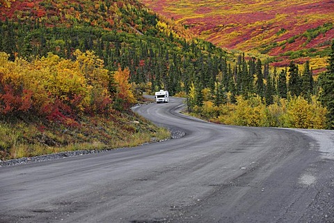 Motorhome driving through the Denali National Park, Alaska