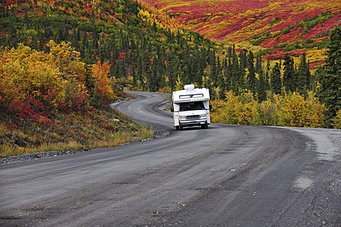 Motorhome driving through the Denali National Park, Alaska