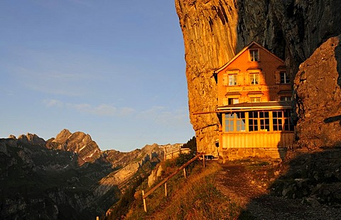 Aesher guest house at the Wildkirchli below the Ebenalp, Alpstein Mountains, Canton Appenzell, Switzerland, Europe