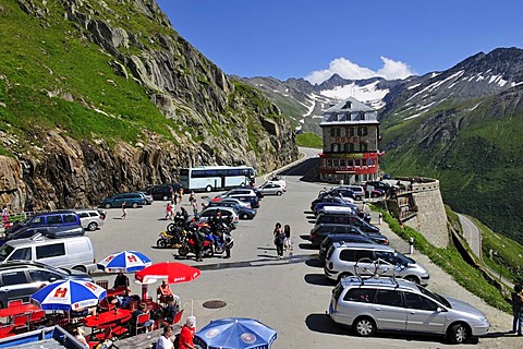 Car park at the Rhone Glacier with Furka Pass Road and the Belvedere Hotel, Canton of Valais, Switzerland, Europe