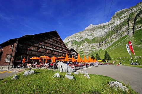 Berghotel Schwaegalp with cable car in front of Saentis Mountain, the highest mountain in Alpstein Mountains, Canton of Appenzell, Switzerland, Europe