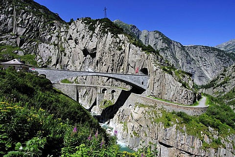 Gotthard Pass Road crossing Reuss Gorge with Devil's Bridge, Canton of Uri, Switzerland, Europe