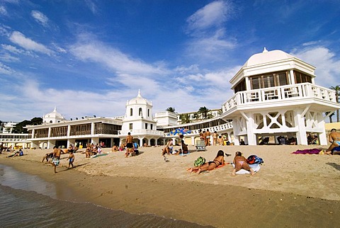 City beach, Playa de la Caleta with Balneario de la Palma in Cadiz, Andalusia, Spain, Europe