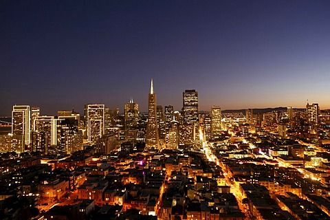 Elevated view from Coit Tower at night, San Francisco, downtown, California, United States of America