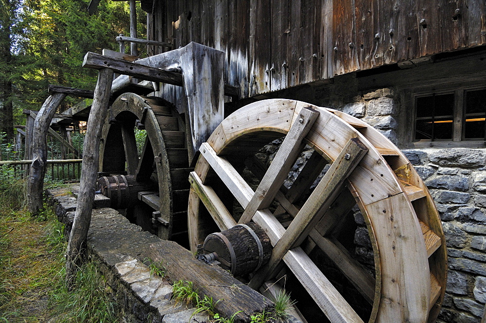 Old waterwheels of a corn mill, Glentleiten farming museum, Bavaria, Germany, Europe