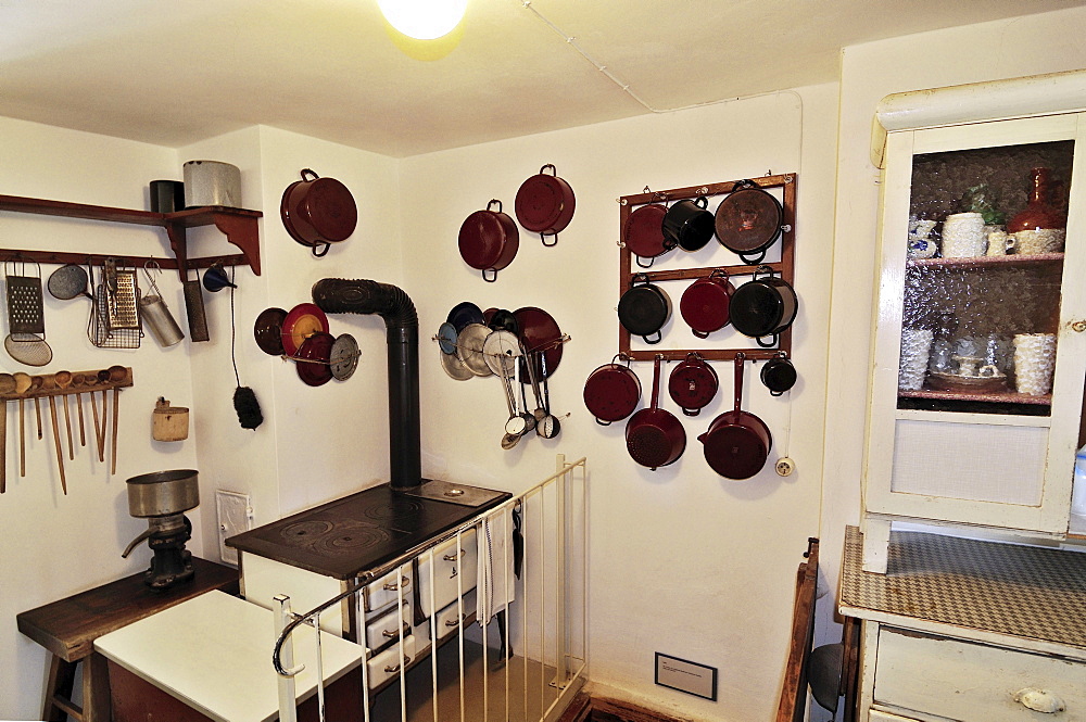 Kitchen from the fifties, Glentleiten farming museum, Bavaria, Germany, Europe