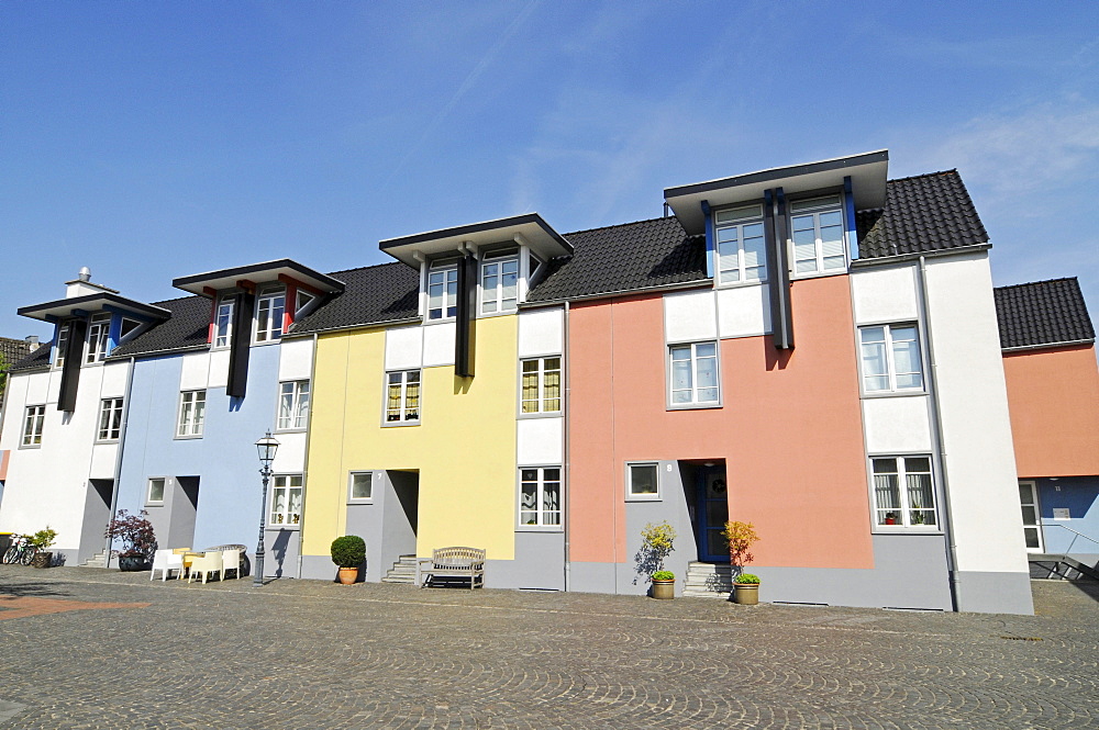 Modern, colourful houses, historic square, Linn, Krefeld, North Rhine-Westphalia, Germany, Europe