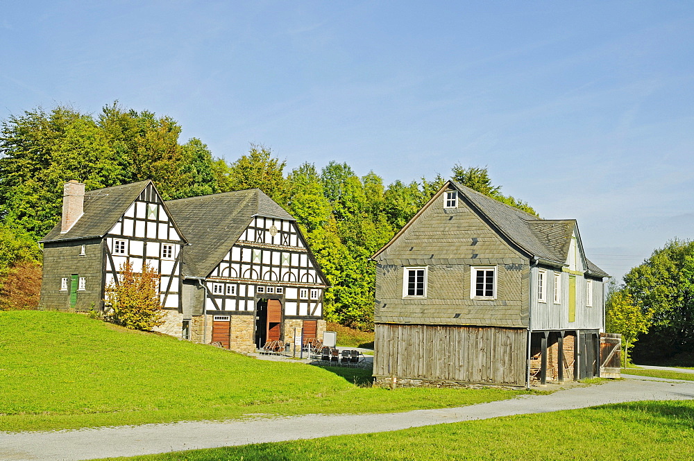 Sauerland village, historic timber-framed house, open-air museum, Westphalian State Museum for Ethnology, Detmold, North Rhine-Westphalia, Germany, Europe