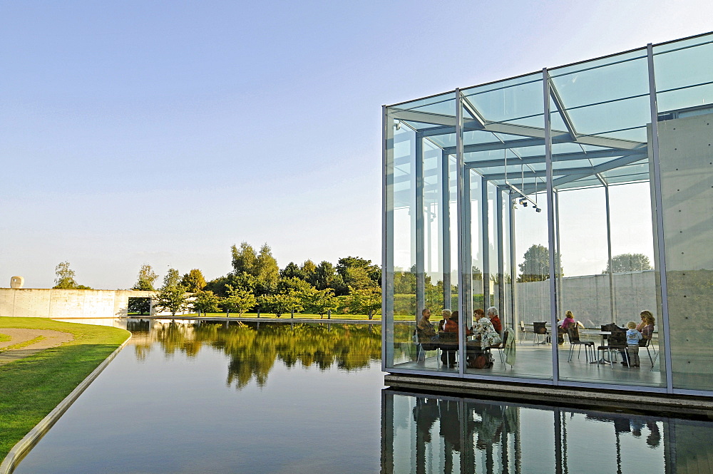 Glass, construction, modern architecture, pond, former missile base, art museum, Langen Foundation, architect Tadao Ando, Hombroich, Kreis Neuss district, North Rhine-Westphalia, Germany, Europe