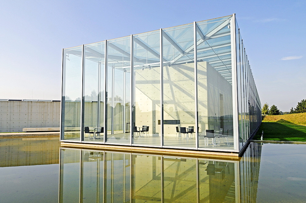 Glass, construction, modern architecture, pond, former missile base, art museum, Langen Foundation, architect Tadao Ando, Hombroich, Kreis Neuss district, North Rhine-Westphalia, Germany, Europe