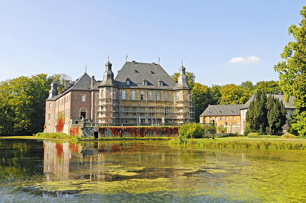 Water, reflection in pond, Schloss Dyck, moated Baroque castle and park, Museum, Juechen, Lower Rhine, North Rhine-Westphalia, Germany, Europe
