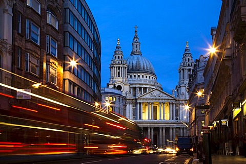 St Paul's Cathedral, traffic trails during blue hour, London, England, United Kingdom, Europe