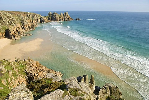 Porthcurno Beach, Pedn Vounder Beach, Logan Rock, South Coast, Cornwall, England, United Kingdom, Europe