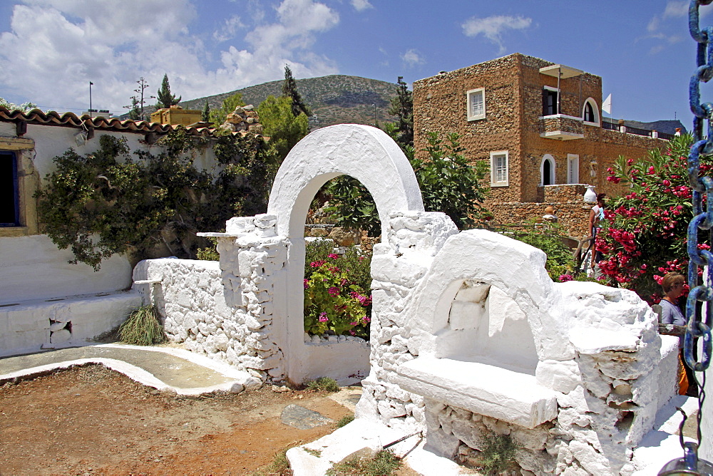 Stair arch, main building at back, chapel, Lychnostatis Open Air Museum, Museum of the traditional Cretan life, Hersonissos, Crete, Greece, Europe