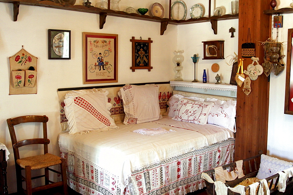 Wedding bed, Lychnostatis Open Air Museum, Museum of the traditional Cretan life, Hersonissos, Crete, Greece, Europe