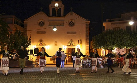 Folkloric evening, Cretan dances, church, Mohos, plateau, Crete, Greece, Europe