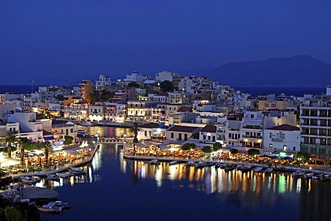 Blue hour, harbour, Agios Nikolaos, Crete, Greece, Europe