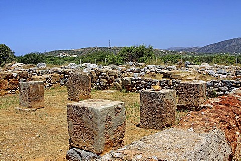 Columns, Malia Palace, archaeological excavation site, Minoan Palace, Heraklion, Crete, Greece, Europe