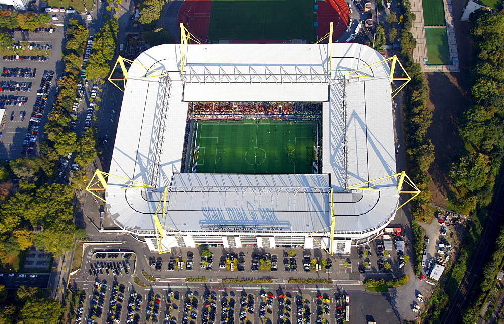 Aerial view, Westfalenstadion Stadium, SignalIdunalPark, SignalIduna Park, Dortmund, Ruhrgebiet region, North Rhine-Westphalia, Germany, Europe