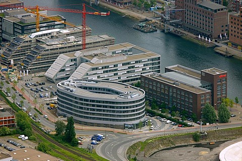 Aerial photo, Innenhafen Inner harbor, Alltours office building front, Duisburg, Ruhrgebiet area, North Rhine-Westphalia, Germany, Europe